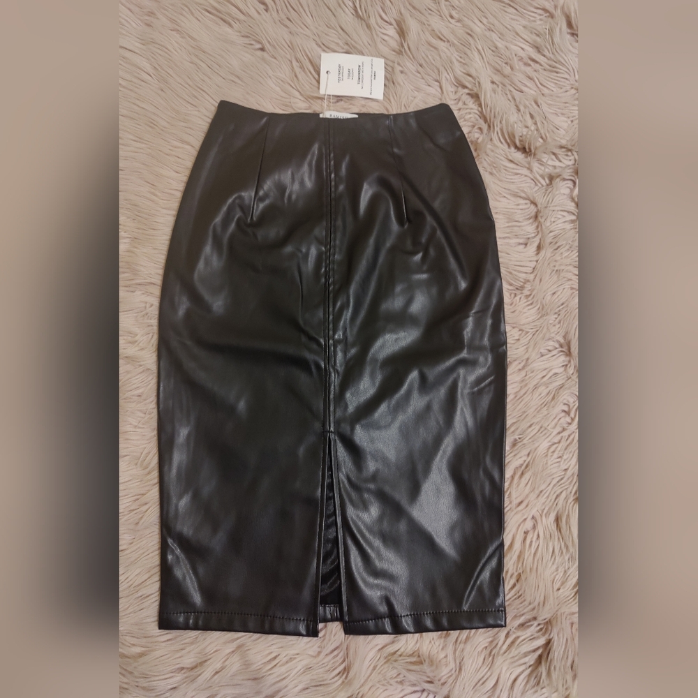 Faux Leather Pencil Skirt High Waist Split Lady's Half Body Midi Hip Skirt